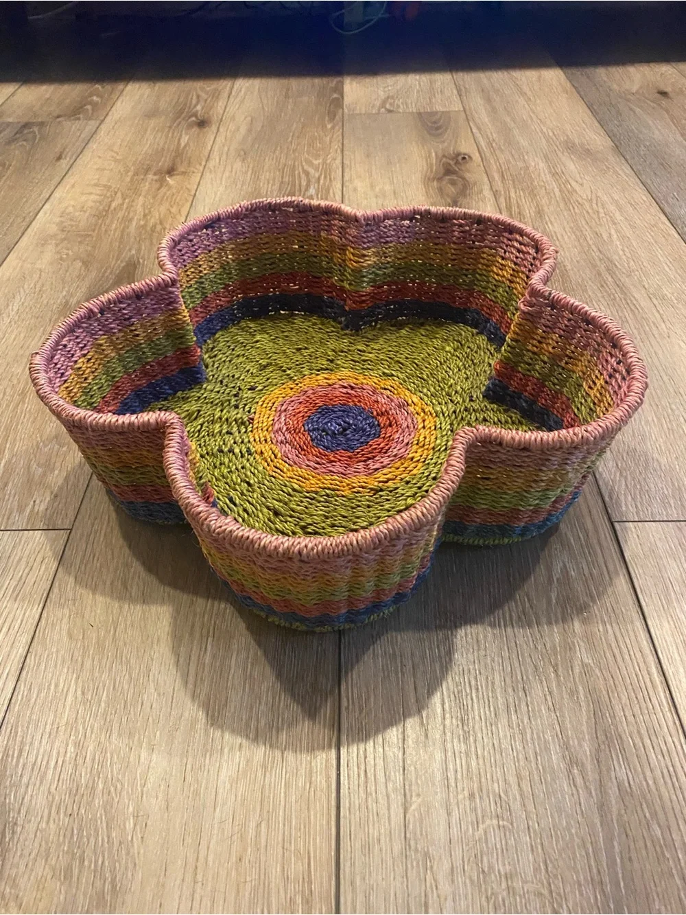 Flower Shaped Woven Basket Bowl Multicolor Rainbow Rope Decorative Storage Tray